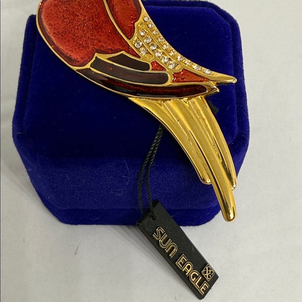 Bijoux Vibrant Red Gold Parrot Pin rhinestone detailing large statement brooch - Picture 6 of 15